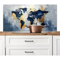 KitchenYeah Spatscherm keuken 120x60 cm - Kookplaat achterwand Wereldkaart - Blauw - Abstract - Muurbeschermer - Spatwand fornuis - Hoogwaardig aluminium