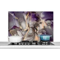 KitchenYeah Spatscherm - Paars - Luxe - Goud - Marmer print look - Achterwand keuken - Spatwand - Abstract - 100x65 cm