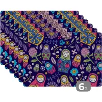 KitchenYeah Placemat - Placemats kunststof - Matroesjka - Rusland - Bloemen - 45x30 cm - 6 stuks - Hittebestendig - Anti-Slip - Onderlegger - Afneembaar