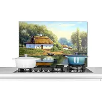 KitchenYeah Spatscherm keuken 80x55 cm - Kookplaat achterwand Schilderij - Huis - Natuur - Water - Olieverf - Muurbeschermer - Spatwand fornuis - Hoogwaardig aluminium