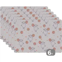 KitchenYeah Placemat - Placemats kunststof - Basketbal - Patronen - Schapen - 45x30 cm - 6 stuks - Hittebestendig - Anti-Slip - Onderlegger - Afneembaar