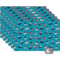 KitchenYeah Placemat - Placemats kunststof - Boten - Zee - Patroon - 45x30 cm - 6 stuks - Hittebestendig - Anti-Slip - Onderlegger - Afneembaar