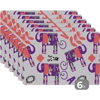 KitchenYeah Placemat - Placemats kunststof - Olifanten - Bladeren - Paars - Patroon - 45x30 cm - 6 stuks - Hittebestendig - Anti-Slip - Onderlegger - Afneembaar
