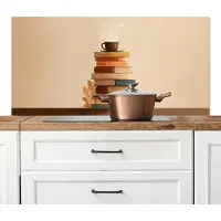 KitchenYeah Spatscherm keuken 120x60 cm - Kookplaat achterwand Boeken - Toren - Koffie - Beige - Muurbeschermer - Spatwand fornuis - Hoogwaardig aluminium