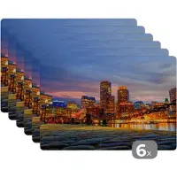 KitchenYeah Placemats - City - Boston - Skyline - Amerika - Licht - Onderleggers - Placemats - Onderleggers placemats - 45x30 cm - 6 stuks