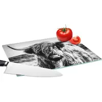 KitchenYeah Glazen Snijplank - 28x20 - Schotse hooglander - Natuur - Koe - Zwart - Wit - Snijplanken Glas