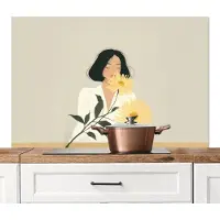 KitchenYeah Spatscherm keuken 120x80 cm - Kookplaat achterwand Vrouw - Bloem - Geel - Minimalistisch - Muurbeschermer - Spatwand fornuis - Hoogwaardig aluminium