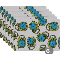 KitchenYeah Placemat - Placemats kunststof - Wekker - Patroon - Cartoon - Slapen - 45x30 cm - 6 stuks - Hittebestendig - Anti-Slip - Onderlegger - Afneembaar
