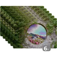 KitchenYeah Placemat - Placemats kunststof - Landschap - Bloemen - Doorkijk - Berg - 45x30 cm - 6 stuks - Hittebestendig - Anti-Slip - Onderlegger - Afneembaar
