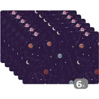 KitchenYeah Placemat - Placemats kunststof - Planeten - Sterren - Patronen - 45x30 cm - 6 stuks - Hittebestendig - Anti-Slip - Onderlegger - Afneembaar