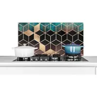 KitchenYeah Spatscherm keuken - Kubus - Marmer print - Patronen - Goud - Luxe - Spatwand - Keuken - Achterwand keuken - 80x40 cm
