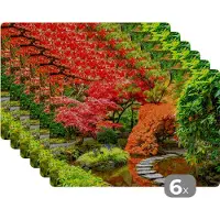 KitchenYeah Placemat - Placemats kunststof - Bomen - Japans - Stenen - Pad - Natuur - 45x30 cm - 6 stuks - Hittebestendig - Anti-Slip - Onderlegger - Afneembaar