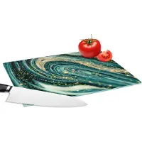 KitchenYeah Glazen Snijplank - 28x20 - Marmerlook - Luxe - Goud - Turquoise - Glitter - Snijplanken Glas