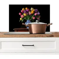 KitchenYeah Spatscherm keuken 60x40 cm - Kookplaat achterwand Tulpen - Kleuren - Hout - Vaas - Muurbeschermer - Spatwand fornuis - Hoogwaardig aluminium