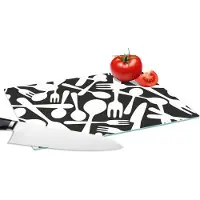 KitchenYeah Glazen Snijplank - 28x20 - Bestek - Patronen - Zwart Wit - Snijplanken Glas