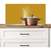 KitchenYeah Spatscherm keuken 80x40 cm - Kookplaat achterwand Lijnillustratie - Ananas - Bladkroon - Okergeel - Muurbeschermer - Spatwand fornuis - Hoogwaardig aluminium