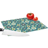 KitchenYeah Glazen Snijplank - 28x20 - Retro - Bloemen - Patronen - Blauw - Snijplanken Glas