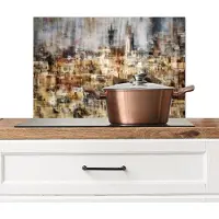 KitchenYeah Spatscherm keuken 70x50 cm - Kookplaat achterwand Stad - Kunst - Huizen - Beige - Muurbeschermer - Spatwand fornuis - Hoogwaardig aluminium