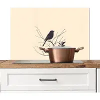KitchenYeah Spatscherm keuken 90x60 cm - Kookplaat achterwand Vogel - Zwart - Tak - Minimalistisch - Muurbeschermer - Spatwand fornuis - Hoogwaardig aluminium