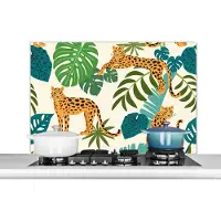 KitchenYeah Spatscherm keuken 100x65 cm - Kookplaat achterwand Jungle - Luipaard - Planten - Patroon - Meiden - Jongens - Muurbeschermer - Spatwand fornuis - Hoogwaardig aluminium