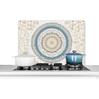 KitchenYeah Spatscherm keuken 80x55 cm - Kookplaat achterwand Mandala - Blauw - Bohemian - Wit - Design - Muurbeschermer - Spatwand fornuis - Hoogwaardig aluminium