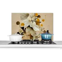 KitchenYeah Spatscherm keuken 80x55 cm - Kookplaat achterwand Bloemen - Planten - Goud - Vintage - Muurbeschermer - Spatwand fornuis - Hoogwaardig aluminium