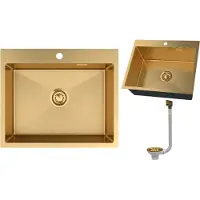 Granitan Spoelbak Keuken RVS Silvo60 - Spoelbakken Keuken Goud met Sifon - Wasbak Keuken - 60x50cm