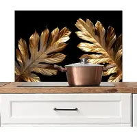 KitchenYeah Spatscherm keuken 90x60 cm - Kookplaat achterwand Goud - Bladeren - Luxe - Natuur - Muurbeschermer - Spatwand fornuis - Hoogwaardig aluminium