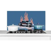 KitchenYeah Spatscherm keuken 100x50 cm - Kookplaat achterwand Auto - Blauw - Vlammen - Vintage - Muurbeschermer - Spatwand fornuis - Hoogwaardig aluminium