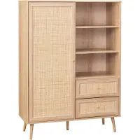Sweeek Wandkast met 1 deur 2 lades 3 open vakken houtdecor en rotan 101,5cm Naturel