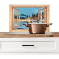KitchenYeah Spatscherm keuken 70x50 cm - Kookplaat achterwand Winterlandschap - Natuur - Huis - Bergen - Doorkijk - Raam - Muurbeschermer - Spatwand fornuis - Hoogwaardig aluminium
