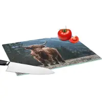 KitchenYeah Glazen Snijplank - 39x28 - Schotse hooglander - Berg - Landschap - Bomen - Koe - Natuur - Snijplanken Glas