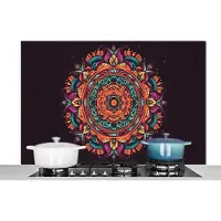 KitchenYeah Spatscherm keuken 120x80 cm - Kookplaat achterwand Mandala - Bloemen - Hippie - Boho - Oranje - Muurbeschermer - Spatwand fornuis - Hoogwaardig aluminium