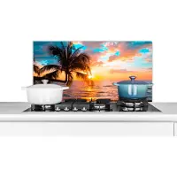 KitchenYeah Spatscherm keuken 90x45 cm - Kookplaat achterwand Palm - Zonsondergang - Horizon - Strand - Zee - Tropisch - Muurbeschermer - Spatwand fornuis - Hoogwaardig aluminium