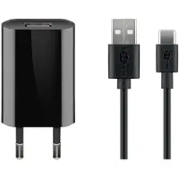 Goobay USB lader | plat | 1x USB-A | incl. USB-C kabel | 5W | zwart | 1 meter