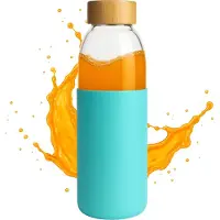 Avenue Glazen drinkfles - Waterfles met bamboe dop - Stijlvolle glazen fles met siliconen omhulsel - Drinkbus - Drink fles volwassenen - 500ml - BPA vrij - Transparant / Licht Blauw