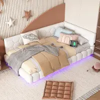 Merax Gestoffeerd Bed 90x200 met LED Verlichting en USB-C Aansluiting – Zonder Matras – Wit