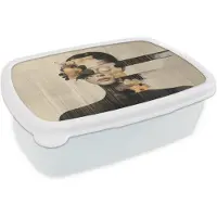 MuchoWow Broodtrommel Wit - Lunchbox Gezicht - Bloemen - Zwart - Vrouw - Brooddoos 18x12x6 cm - Brood lunch box - Broodtrommels voor kinderen en volwassenen