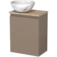 Maxaro Toiletmeubel met waskom | 41 cm Taupe Greeploos front Wit marmer Natuursteen waskom Lichtbruin eiken blad