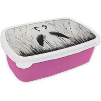 MuchoWow Broodtrommel Roze - Lunchbox Kraanvogels - Gras - Hartvorm - Zwart - Brooddoos 18x12x6 cm - Brood lunch box - Broodtrommels voor kinderen en volwassenen