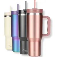 MILU Tumbler 1200ml met Rietje en Handvat | 24u Koud / 48u Ijs / 12u Heet | Dubbelwandige Isolatie Thermosbeker Koffie Voor in de Auto | Thermos Beker Travel Mug to go (Roze Goud)