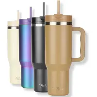 MILU Tumbler 1200ml met Rietje en Handvat | 24u Koud / 48u Ijs / 12u Heet | Dubbelwandige Isolatie Thermosbeker Koffie Voor in de Auto | Thermos Beker Travel Mug to go (Bruin)