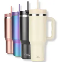 MILU Tumbler 1200ml met Rietje en Handvat | 24u Koud / 48u Ijs / 12u Heet | Dubbelwandige Isolatie Thermosbeker Koffie Voor in de Auto | Thermos Beker Travel Mug to go (Beige)