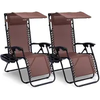 SereneLife Ligstoel set van 2 – Verstelbare Buitenkamerstoel met Afneembaar Bekerhouderblad en Zonnescherm– Inklapbare Relaxstoel met Verwijderbare Kussens