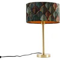 QAZQA Tafellamp messing met ovale velvet kap bladmotief 35cm - Simplo