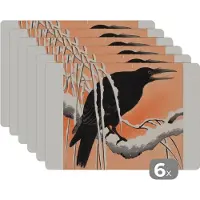 KitchenYeah Placemat - Placemats kunststof - Vintage - Kraai - Vogel - Dieren - Tak - 45x30 cm - 6 stuks - Hittebestendig - Anti-Slip - Onderlegger - Afneembaar