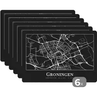 KitchenYeah Placemat - Placemats kunststof - Groningen - Plattegrond - Kaart - Stadskaart - 45x30 cm - 6 stuks - Hittebestendig - Anti-Slip - Onderlegger - Afneembaar