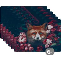 KitchenYeah Placemat - Placemats kunststof - Vos - Bloemen - Botanisch - Dieren - 45x30 cm - 6 stuks - Hittebestendig - Anti-Slip - Onderlegger - Afneembaar