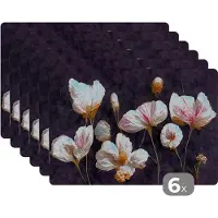 KitchenYeah Placemat - Placemats kunststof - Bloemen - Planten - Roze - Zwart - 45x30 cm - 6 stuks - Hittebestendig - Anti-Slip - Onderlegger - Afneembaar
