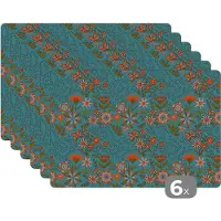 KitchenYeah Placemat - Placemats kunststof - Bohemian - Bloemen - Oranje - Retro - Design - 45x30 cm - 6 stuks - Hittebestendig - Anti-Slip - Onderlegger - Afneembaar
